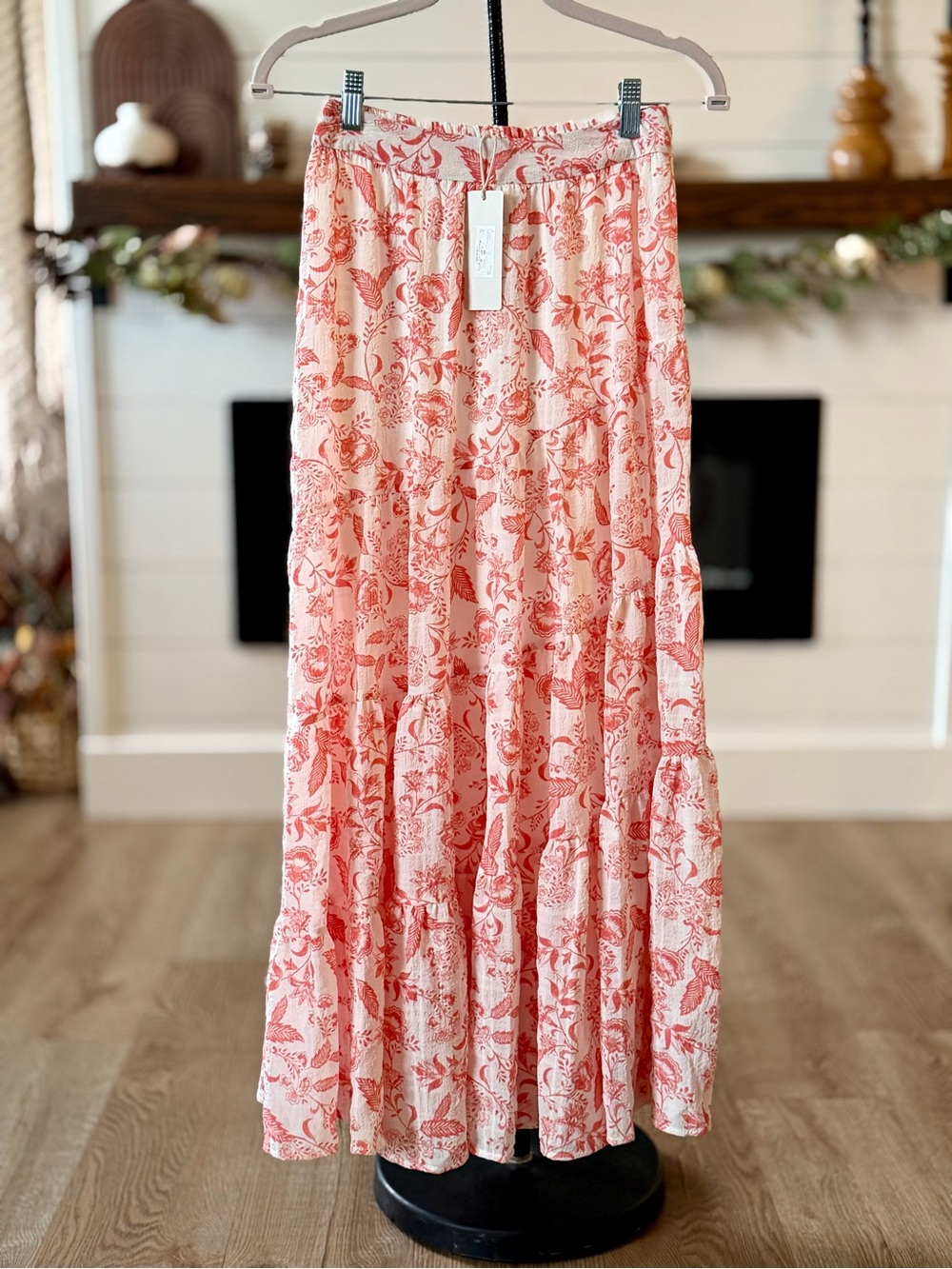 Altar'd State Coral & Cream Floral Tiered Maxi Skirt